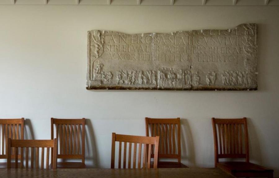 Classroom with plaster casts and chairs