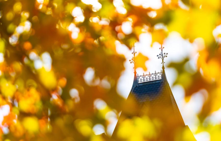 Spires of the A.D. White House peak through colorful leaves